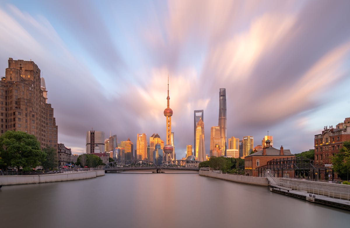 Shanghai Pudong skyline from Suzhou Creek at golden hour